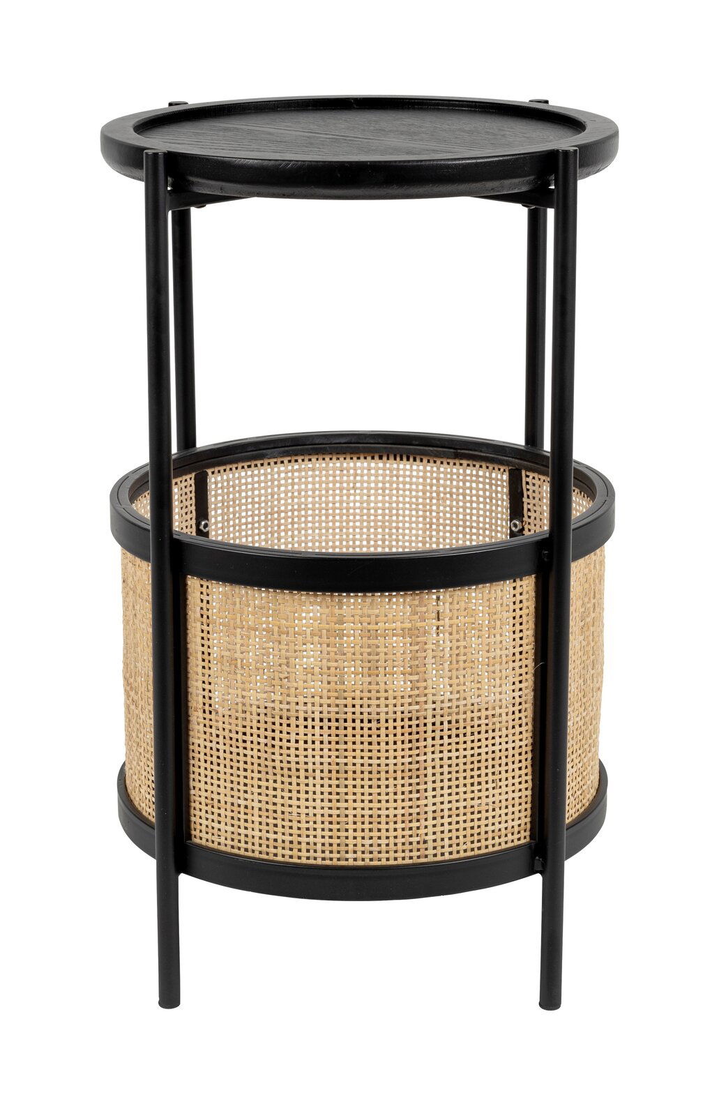 Z2 Beistelltisch MAKATO Runder Beistelltisch mit schwarzem Metallrahmen und geflochtenem Korbdesign, seitliche Perspektive.