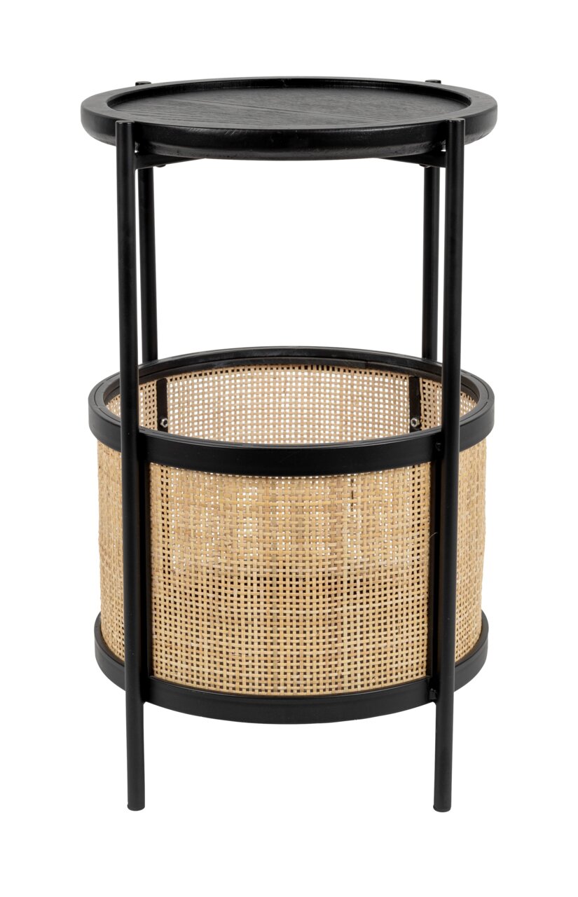 Z2 Beistelltisch MAKATO Runder Beistelltisch mit schwarzem Metallrahmen und geflochtenem Korbdesign, seitliche Perspektive.