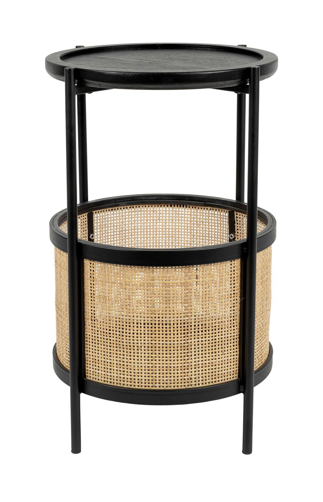 Runder Beistelltisch mit schwarzem Metallrahmen und geflochtenem Korbdesign, seitliche Perspektive.