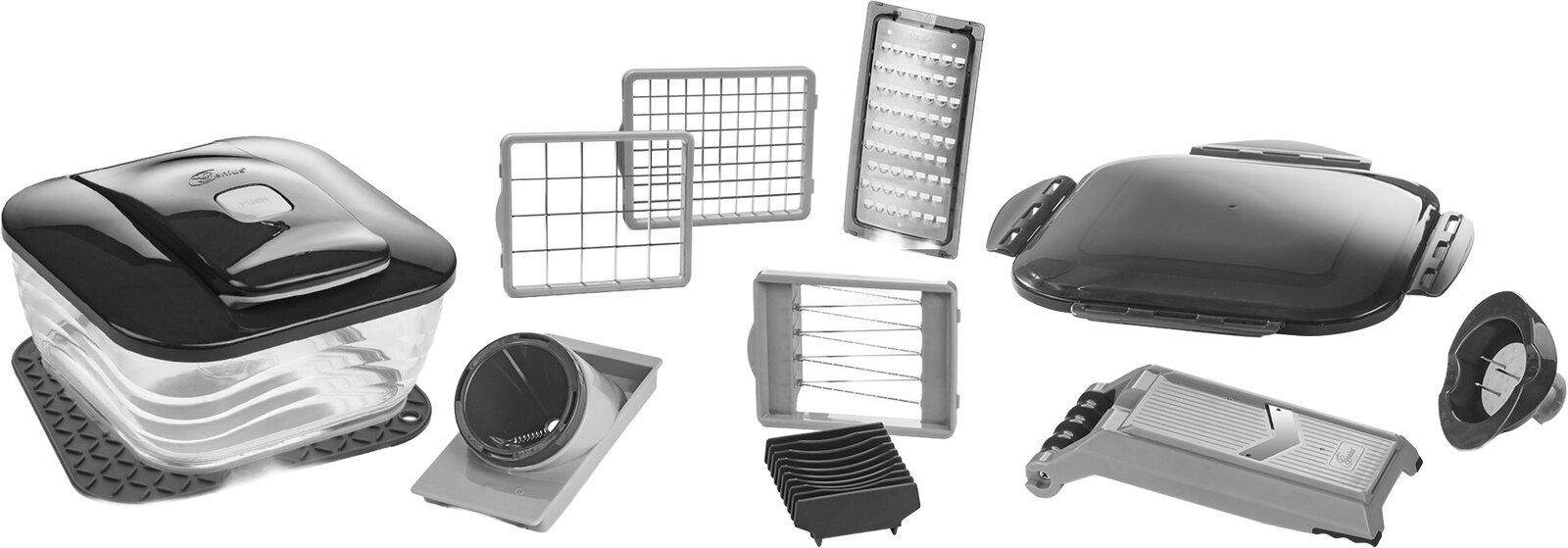 Genius Nicer Dicer Chef 15 - tlg. Küchenhelfer-Set mit Zerkleinerer, Mandoline, Reiben- und Schneideeinsätzen sowie Auffangbehälter, freigestellt auf weißem Hintergrund, Ansicht schräg von oben