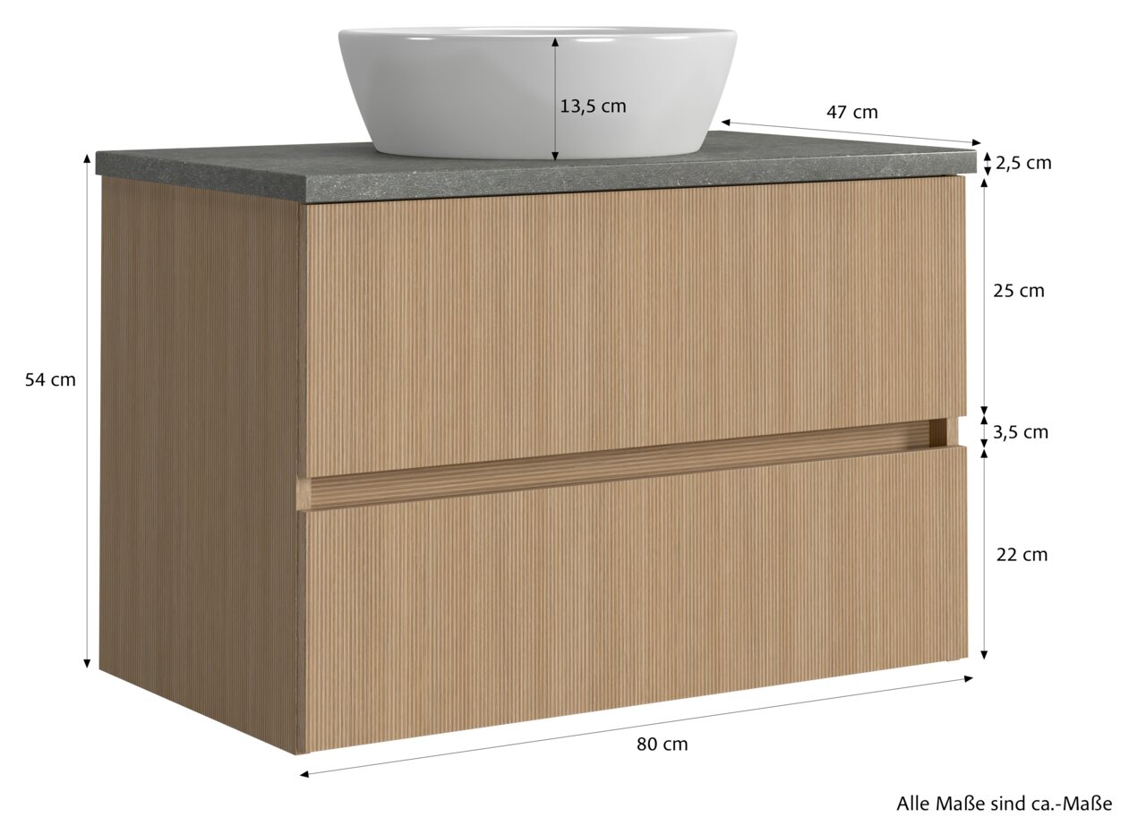 Waschtisch-Set mit Holzoptik, bestehend aus einem Unterschrank mit zwei Schubladen und einem weißen Aufsatzwaschbecken. Die Maße sind 80 cm Breite, 47 cm Tiefe und 54 cm Höhe. Perspektive: Frontalansicht.