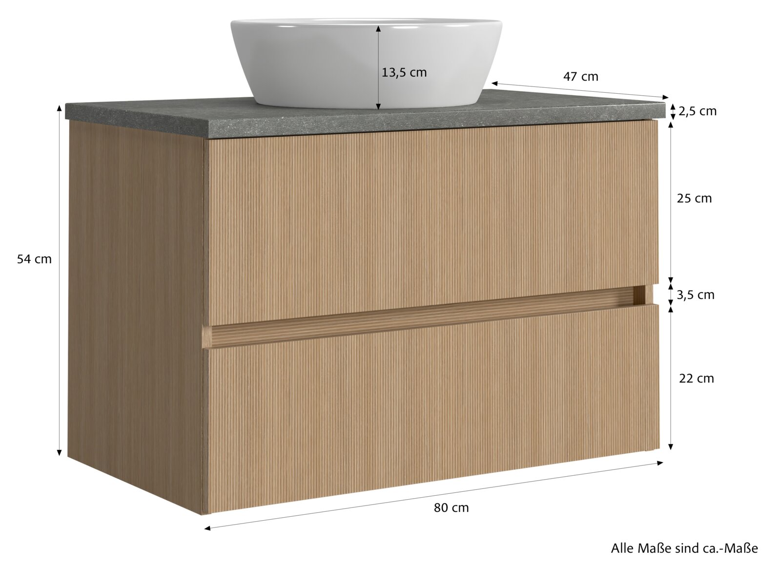 Waschtisch-Set mit Holzoptik, bestehend aus einem Unterschrank mit zwei Schubladen und einem weißen Aufsatzwaschbecken. Die Maße sind 80 cm Breite, 47 cm Tiefe und 54 cm Höhe. Perspektive: Frontalansicht.
