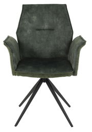 Frontansicht eines modernen Armlehnstuhls mit dunkelgrünem Stoffbezug und schwarzem Metallgestell.