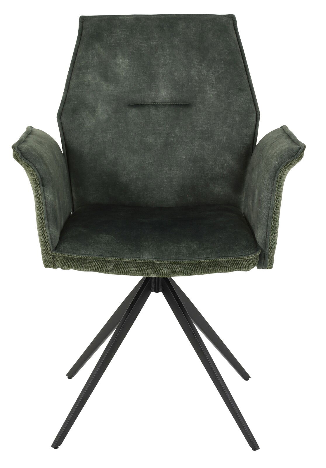 Frontansicht eines modernen Armlehnstuhls mit dunkelgrünem Stoffbezug und schwarzem Metallgestell.