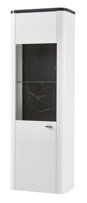 Weiße Vitrine mit schwarzer Rückwand und Glaseinlage, seitliche Perspektive