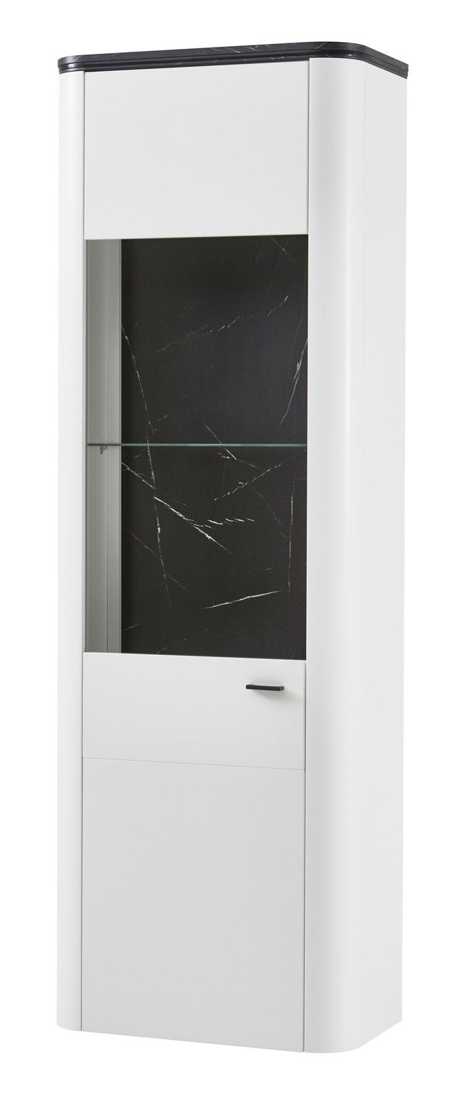 Weiße Vitrine mit schwarzer Rückwand und Glaseinlage, seitliche Perspektive
