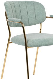 Moderner Armlehnstuhl mit hellgrünem Stoffbezug und goldenen Metallbeinen, seitliche Perspektive