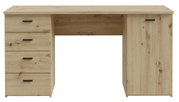 Schreibtisch aus Holz mit vier Schubladen auf der linken Seite und einer Tür auf der rechten Seite, Frontalansicht