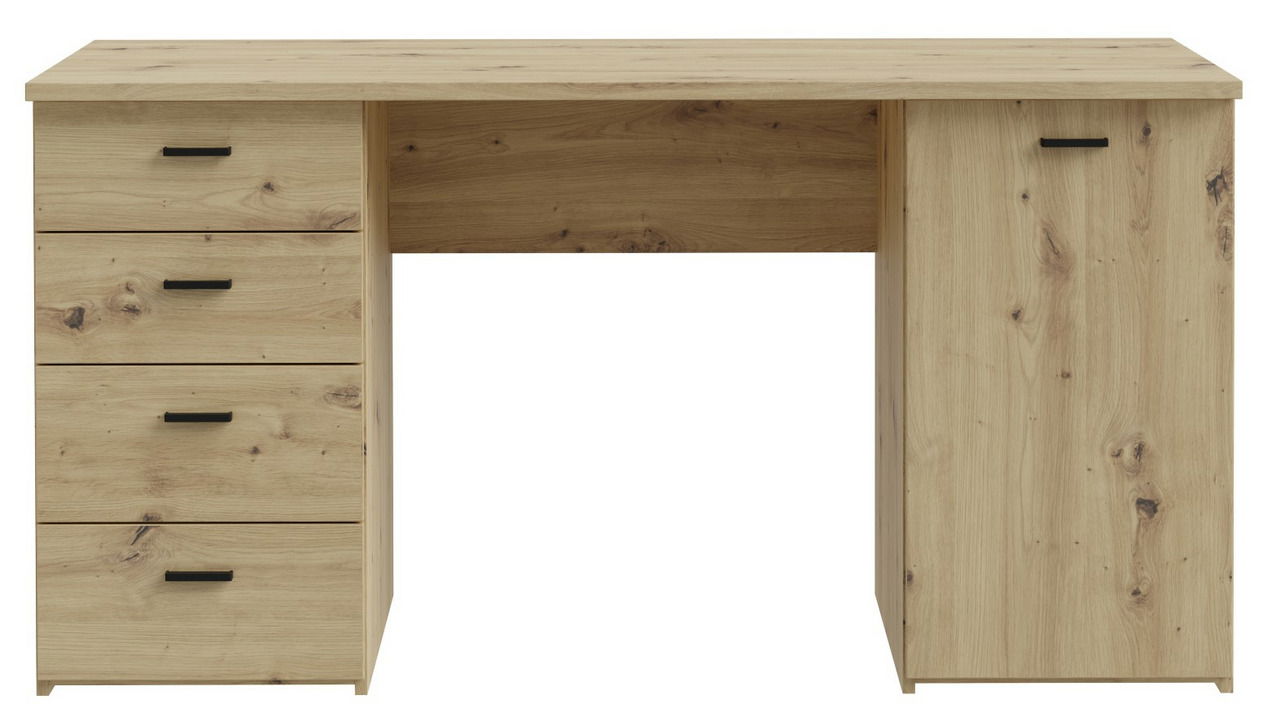 Schreibtisch aus Holz mit vier Schubladen auf der linken Seite und einer Tür auf der rechten Seite, Frontalansicht