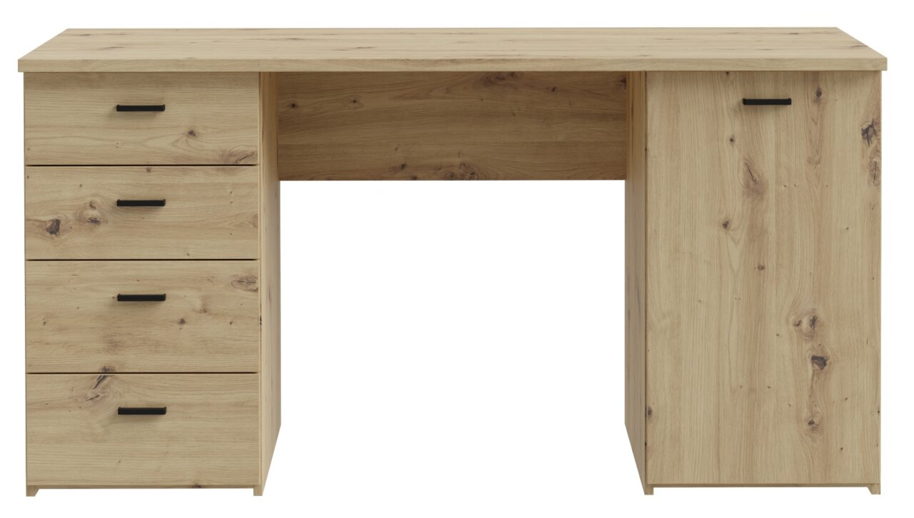 Houten bureau met vier lades aan de linkerkant en een deur aan de rechterkant, vooraanzicht