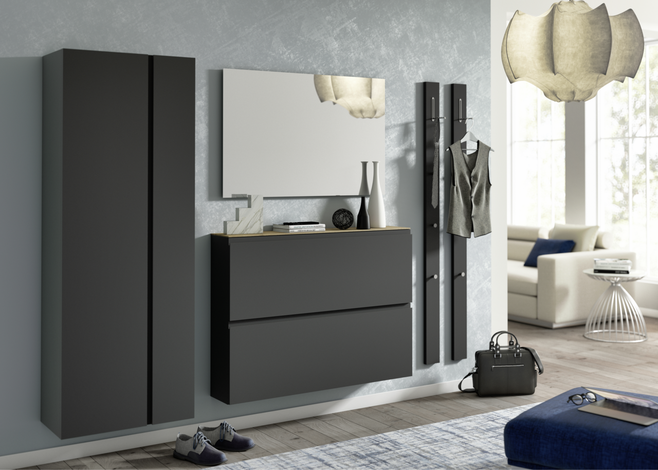 Modernes Garderobenset in dunklem Design mit Schrank, Spiegel und Hakenleiste, seitliche Perspektive