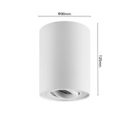 Zylindrischer weißer Strahler mit den Maßen 96mm Durchmesser und 125mm Höhe, seitliche Perspektive