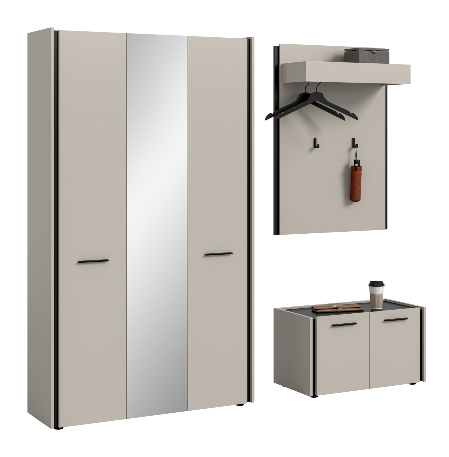 MID.YOU Garderobenkombination EMIL Modernes Garderoben-Set in Greige mit schwarzer Griffleiste: hoher Schrank, Wandpaneel mit Hutablage und Kleiderbügeln sowie Schuhschrank, in frontaler Ansicht