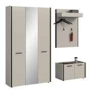 Modernes Garderoben-Set in Greige mit schwarzer Griffleiste: hoher Schrank, Wandpaneel mit Hutablage und Kleiderbügeln sowie Schuhschrank, in frontaler Ansicht