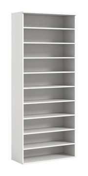 Weißes Schuhregal mit mehreren Regalböden, seitliche Perspektive