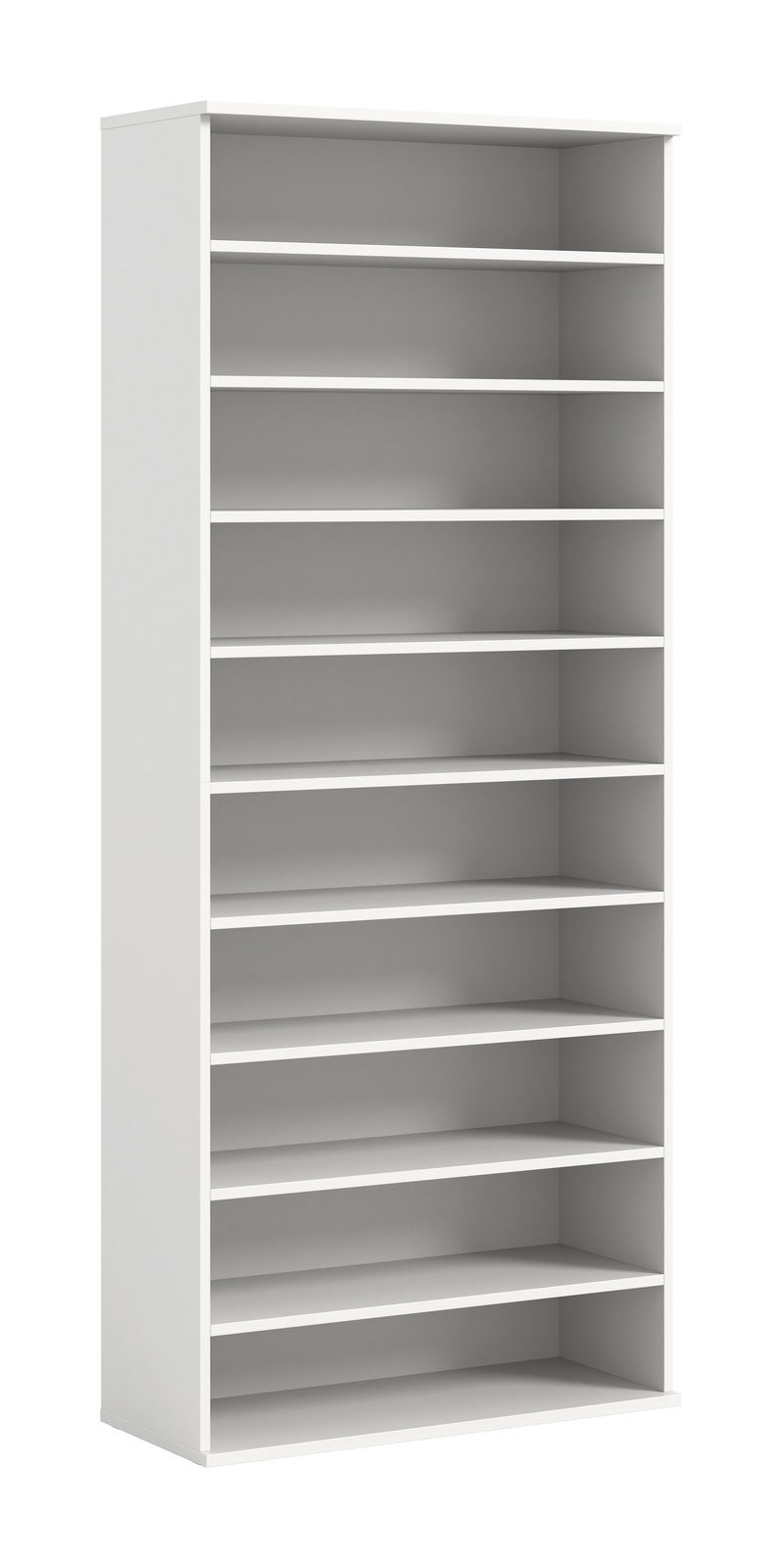 Weißes Schuhregal mit mehreren Regalböden, seitliche Perspektive