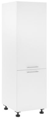 Weißer Kühlschrankumbauschrank mit zwei Türen und silbernen Griffen, seitliche Perspektive