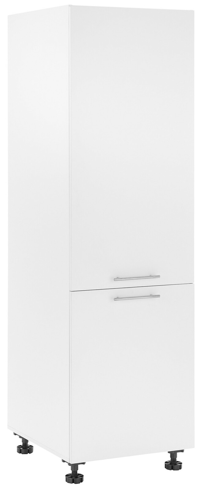 Weißer Kühlschrankumbauschrank mit zwei Türen und silbernen Griffen, seitliche Perspektive