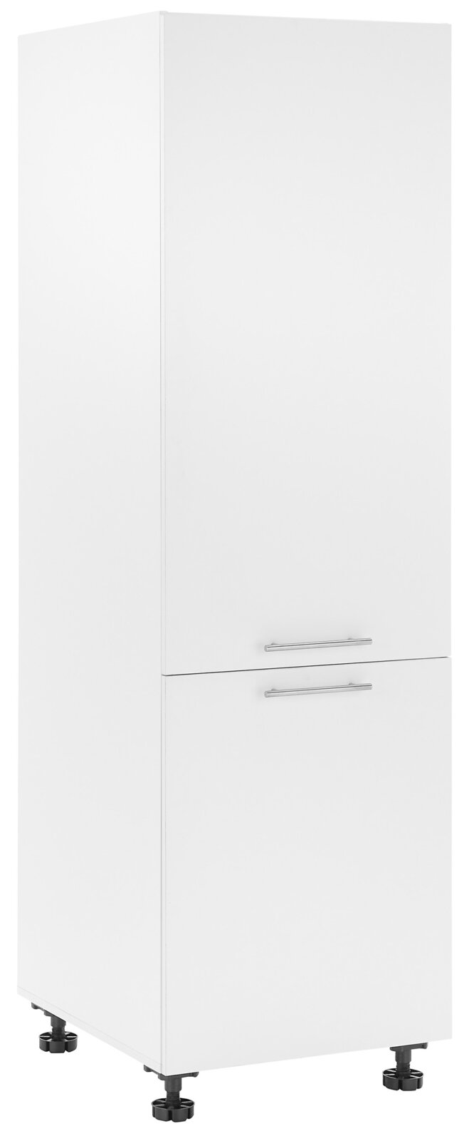 XORA Kühlschrankumbauschrank PRIMUS Weißer Kühlschrankumbauschrank mit zwei Türen und silbernen Griffen, seitliche Perspektive