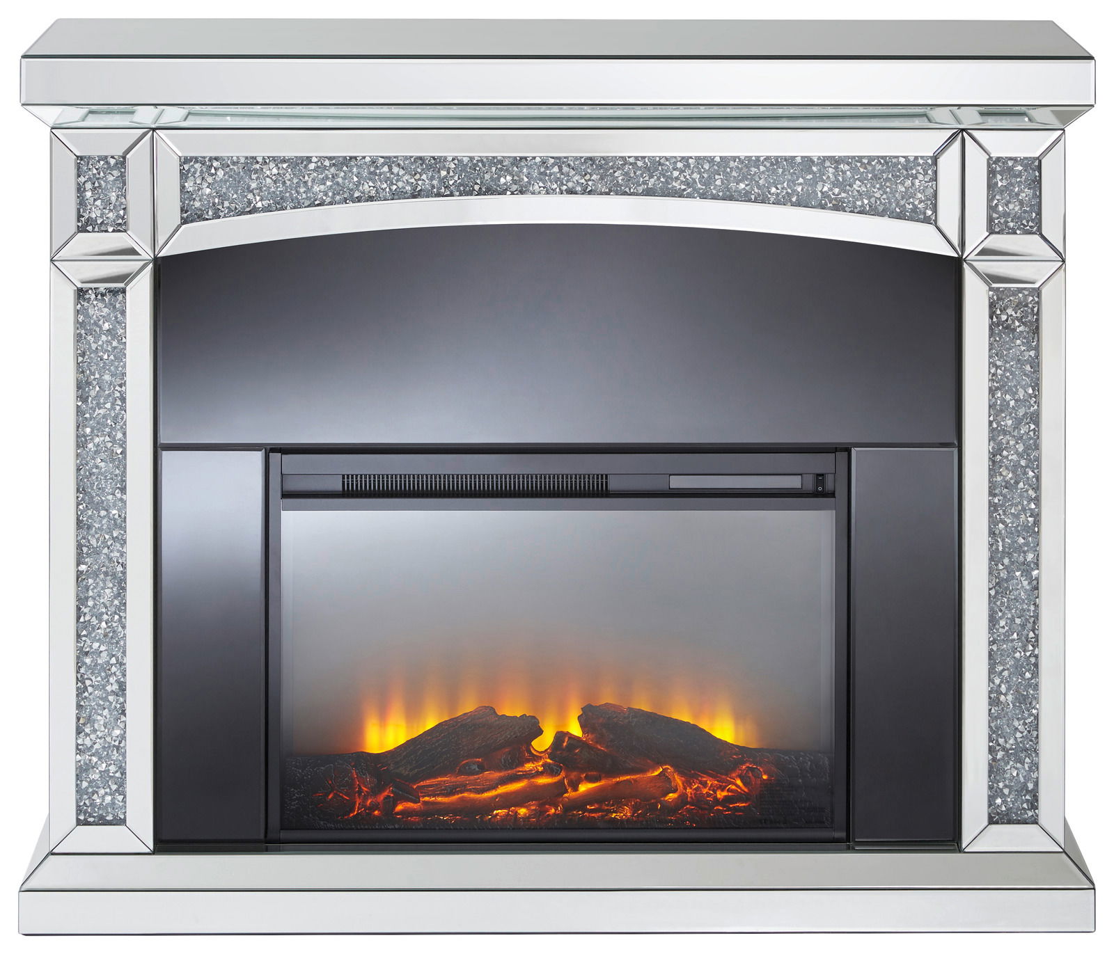Moderner Elektrokamin mit glitzerndem Rahmen und realistischem Flammeneffekt, Frontalansicht
