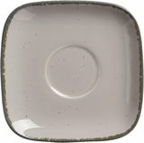 Vogelperspektive auf eine graue Espressountertasse von Ritzenhoff & Breker, quadratisch mit abgerundeten Ecken und dezentem Sprenkelmuster.