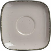 Vogelperspektive auf eine graue Espressountertasse von Ritzenhoff & Breker, quadratisch mit abgerundeten Ecken und dezentem Sprenkelmuster.