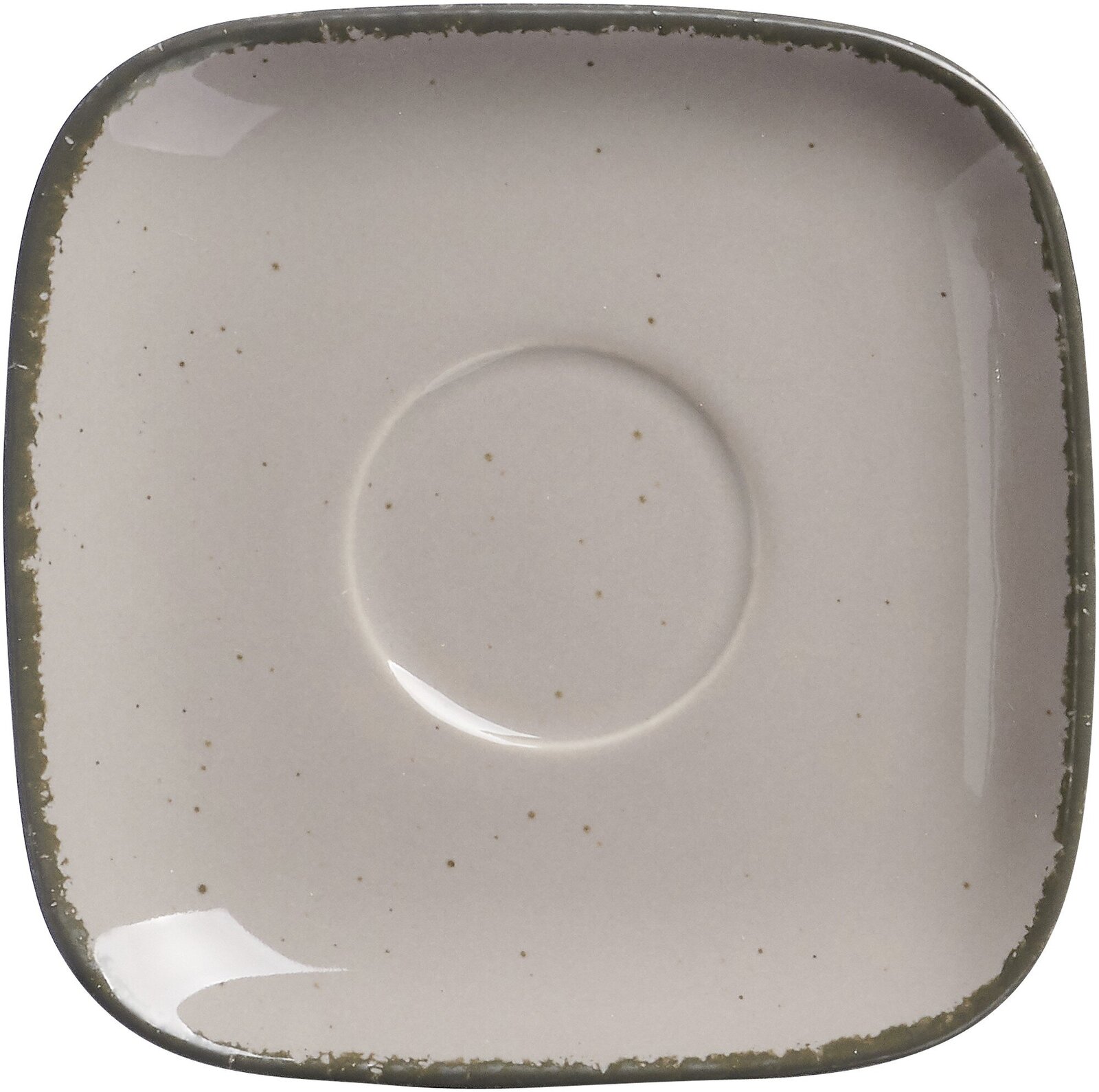 Vogelperspektive auf eine graue Espressountertasse von Ritzenhoff & Breker, quadratisch mit abgerundeten Ecken und dezentem Sprenkelmuster.