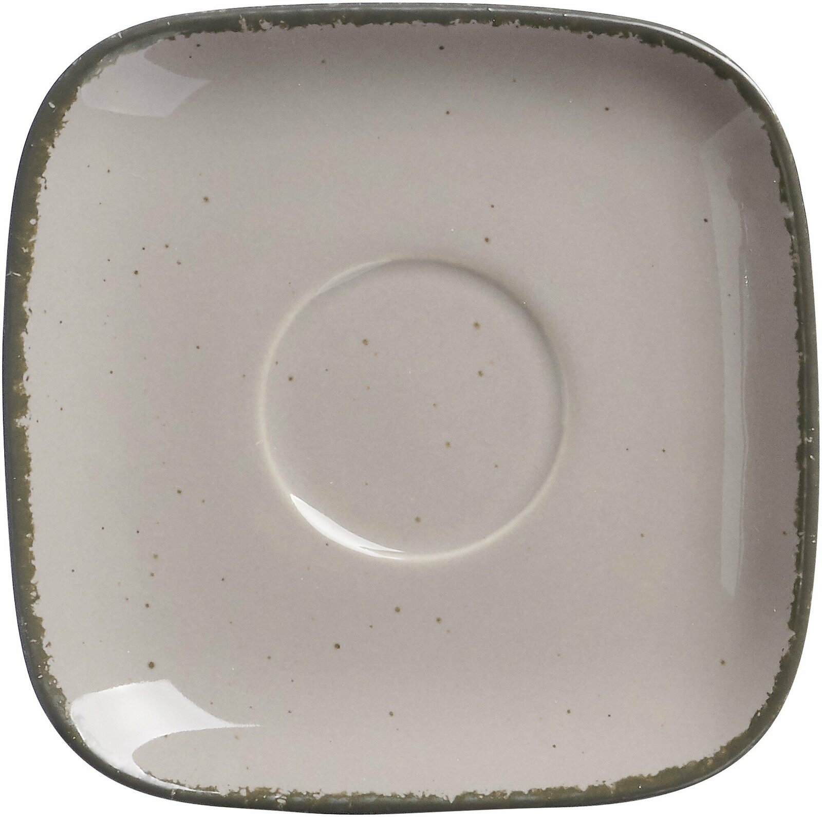 Vogelperspektive auf eine graue Espressountertasse von Ritzenhoff & Breker, quadratisch mit abgerundeten Ecken und dezentem Sprenkelmuster.