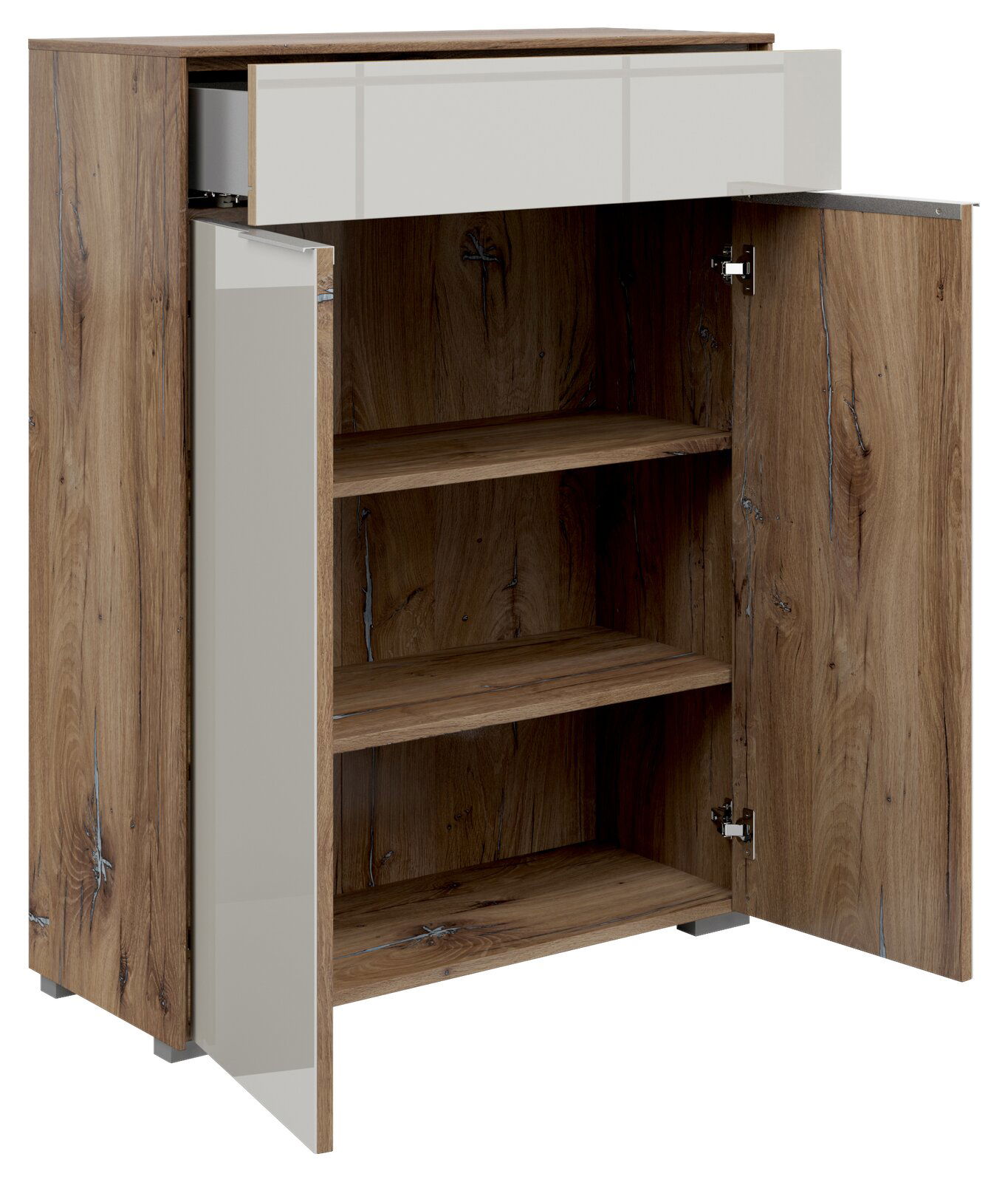 Kommode NEVADA mit zwei offenen Türen und einer geöffneten Schublade, aus Holz mit natürlicher Maserung, Perspektive von vorne links