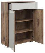 Kommode NEVADA mit zwei offenen Türen und einer geöffneten Schublade, aus Holz mit natürlicher Maserung, Perspektive von vorne links