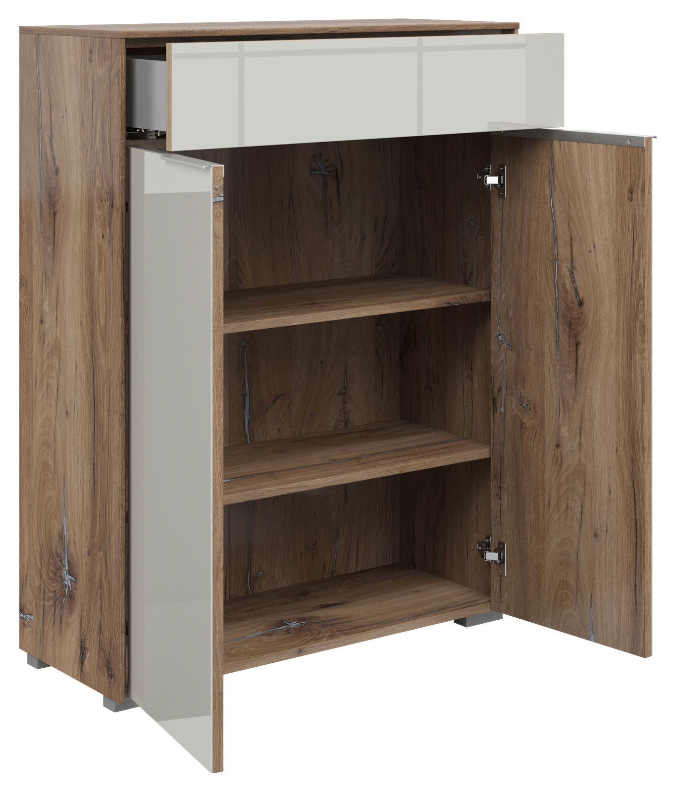 Kommode NEVADA mit zwei offenen Türen und einer geöffneten Schublade, aus Holz mit natürlicher Maserung, Perspektive von vorne links