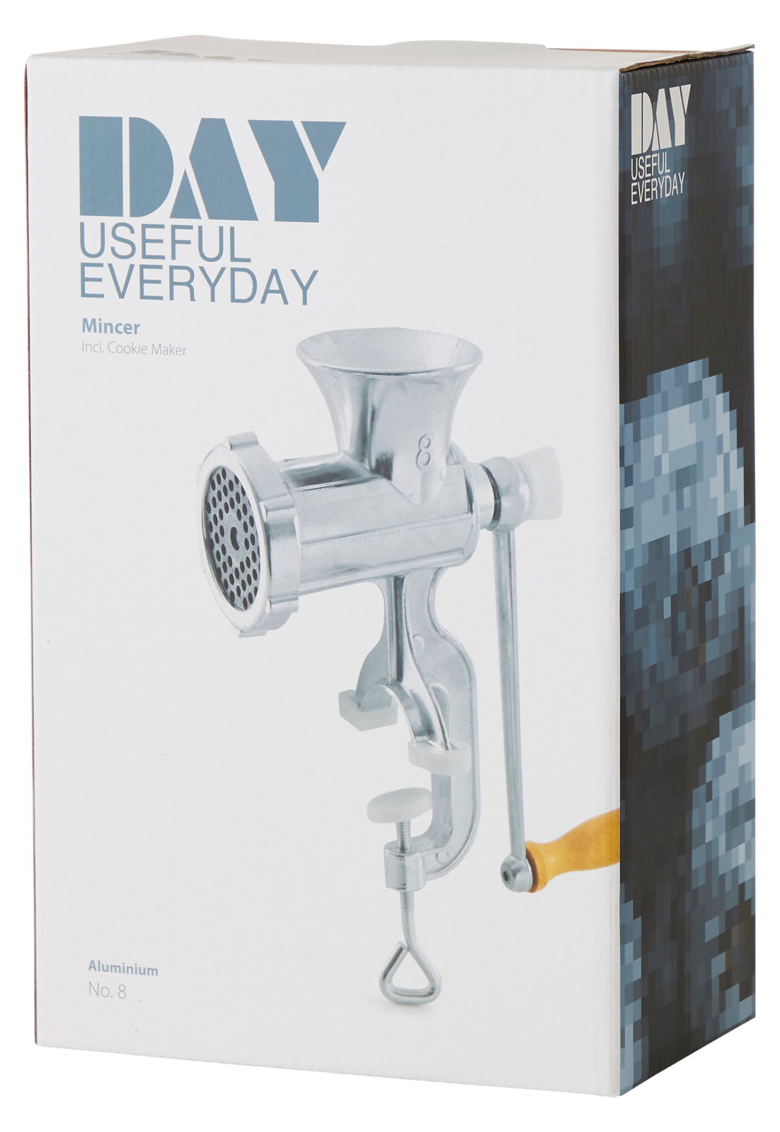 Fleischwolf Nr. 8 aus Aluminium, seitliche Ansicht auf der Verpackung