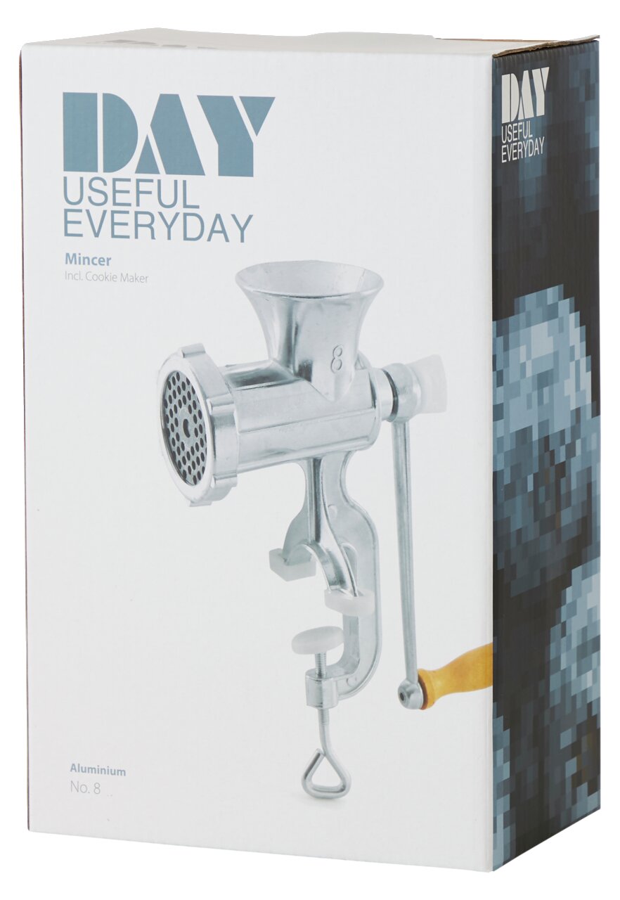 Fleischwolf Nr. 8 aus Aluminium, seitliche Ansicht auf der Verpackung