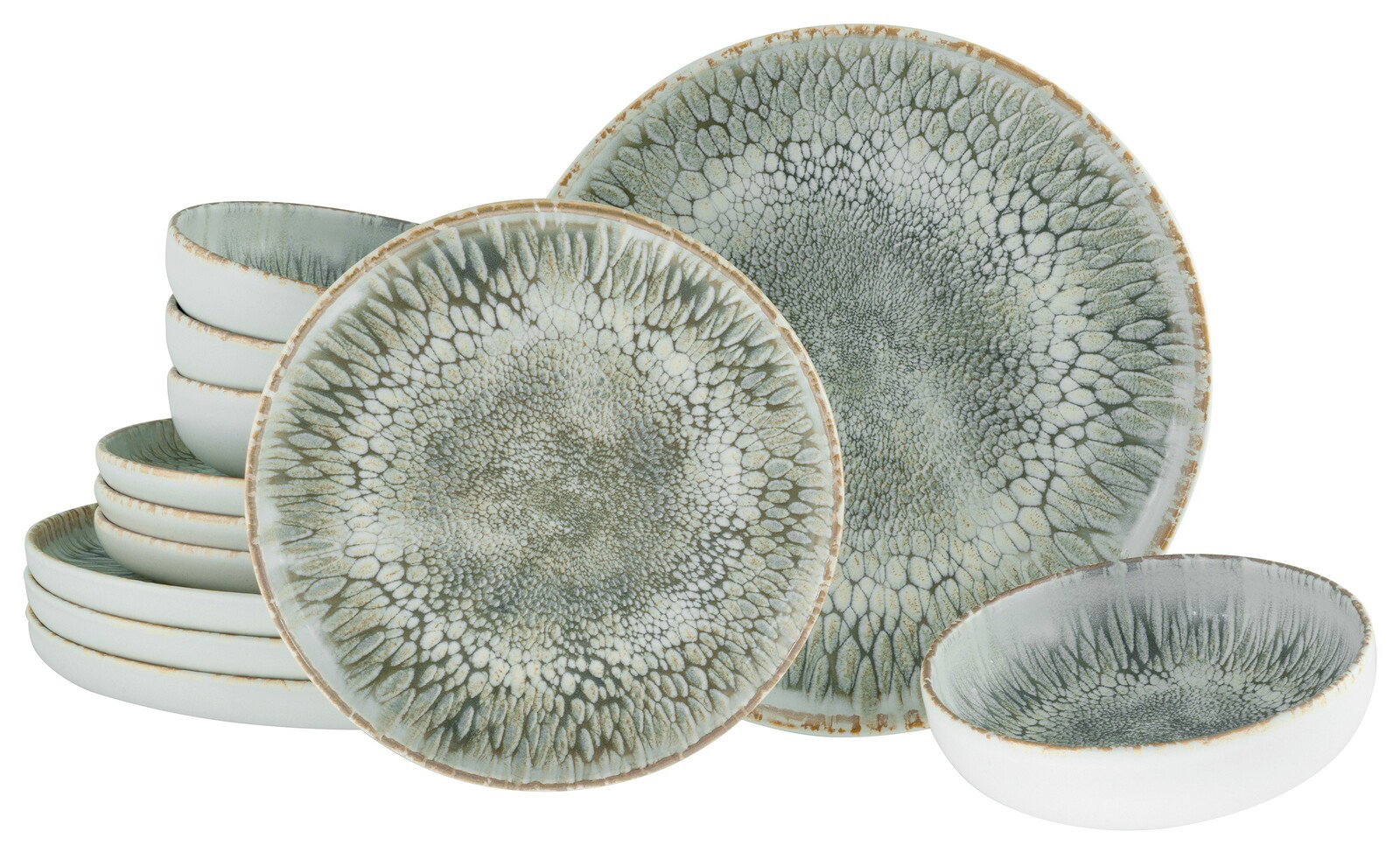 Creatable Tellerset 12-tlg UNO Tellerset 12-tlg mit einzigartigem, organischem Muster in Grün- und Grautönen, seitliche Perspektive