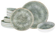 Tellerset 12-tlg mit einzigartigem, organischem Muster in Grün- und Grautönen, seitliche Perspektive