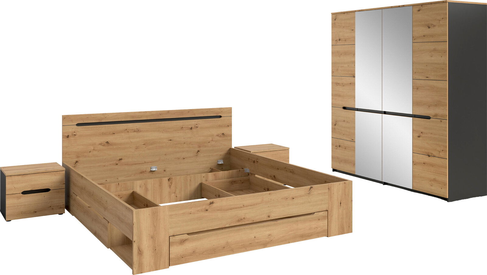 Schlafzimmermöbel-Set in Eiche-Optik mit Bettgestell (ohne Matratze/Lattenrost), zwei Nachttischen und Kleiderschrank mit mittigen Spiegeltüren und schwarzen Griffleisten, dargestellt in schräger Frontansicht