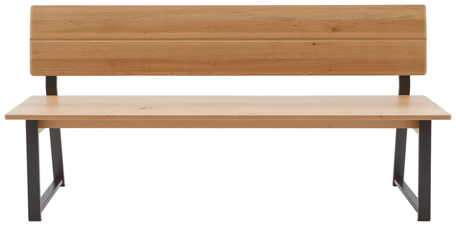Holzbank mit Rückenlehne und Metallbeinen, Frontalansicht