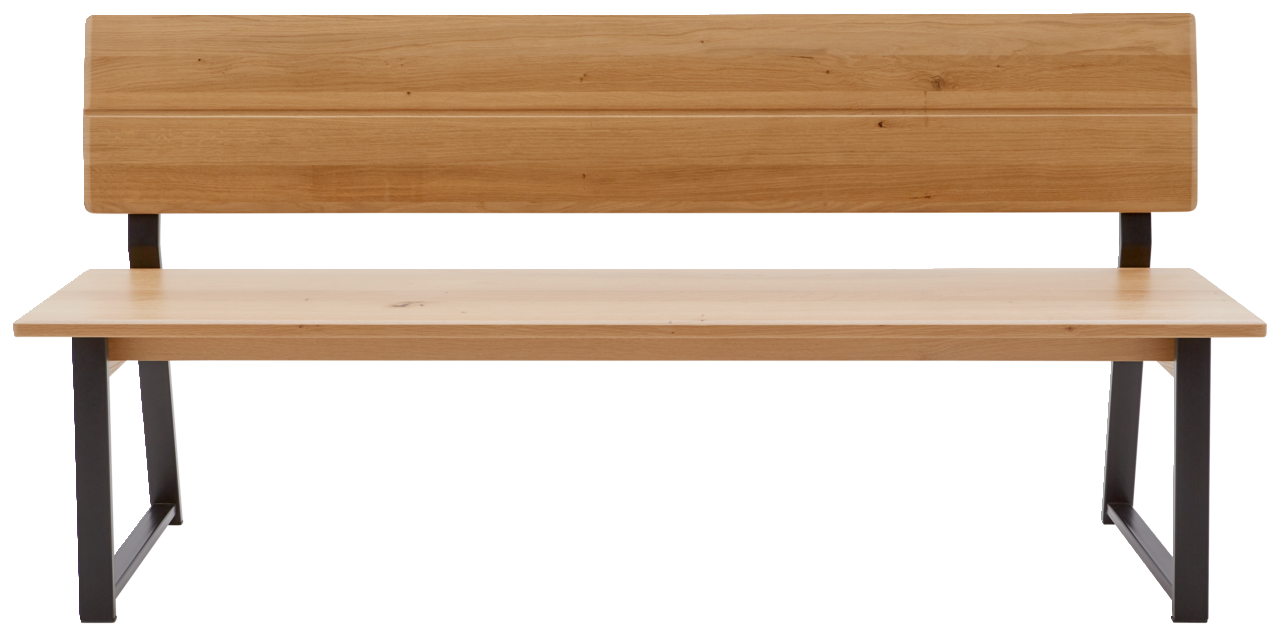 Holzbank mit Rückenlehne und Metallbeinen, Frontalansicht