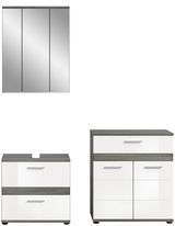 Badezimmermöbel-Set bestehend aus einem dreitürigen Spiegelschrank, einem Waschbeckenunterschrank und einem Hochschrank, frontal abgebildet.