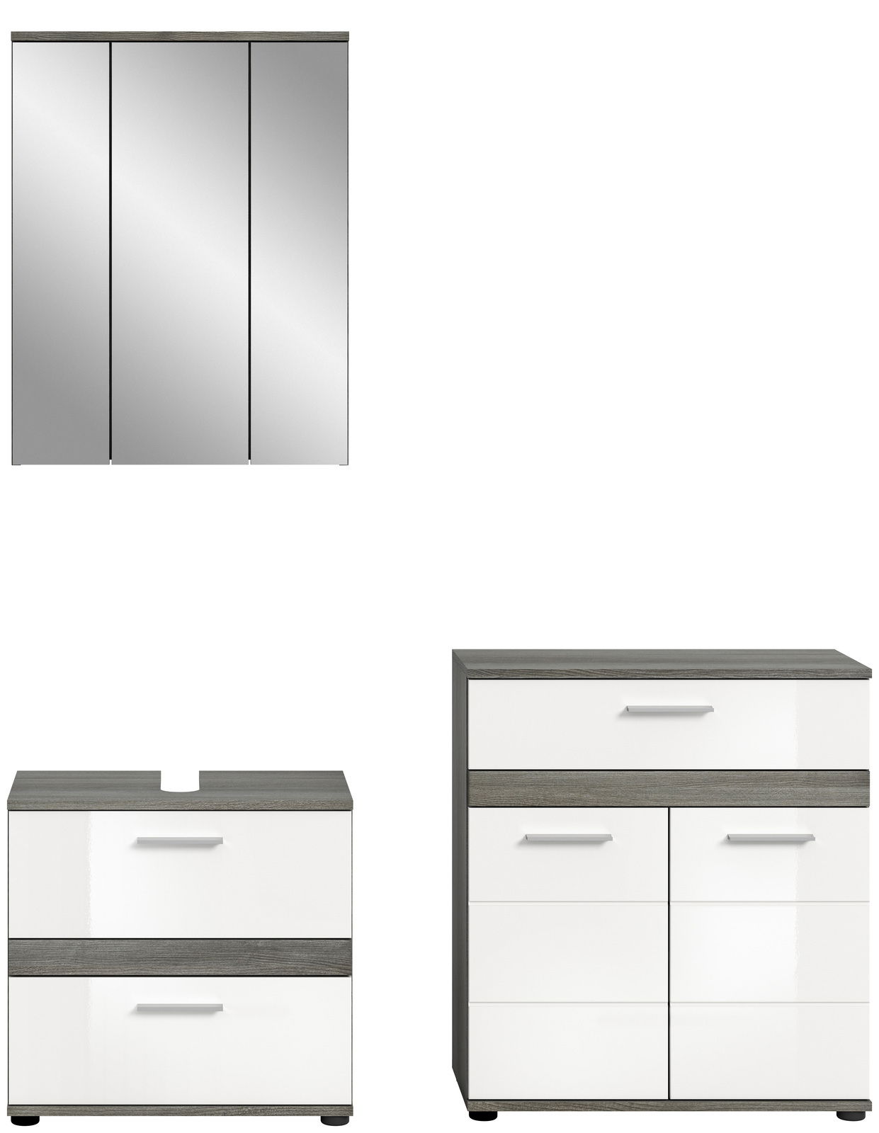 Badezimmermöbel-Set bestehend aus einem dreitürigen Spiegelschrank, einem Waschbeckenunterschrank und einem Hochschrank, frontal abgebildet.