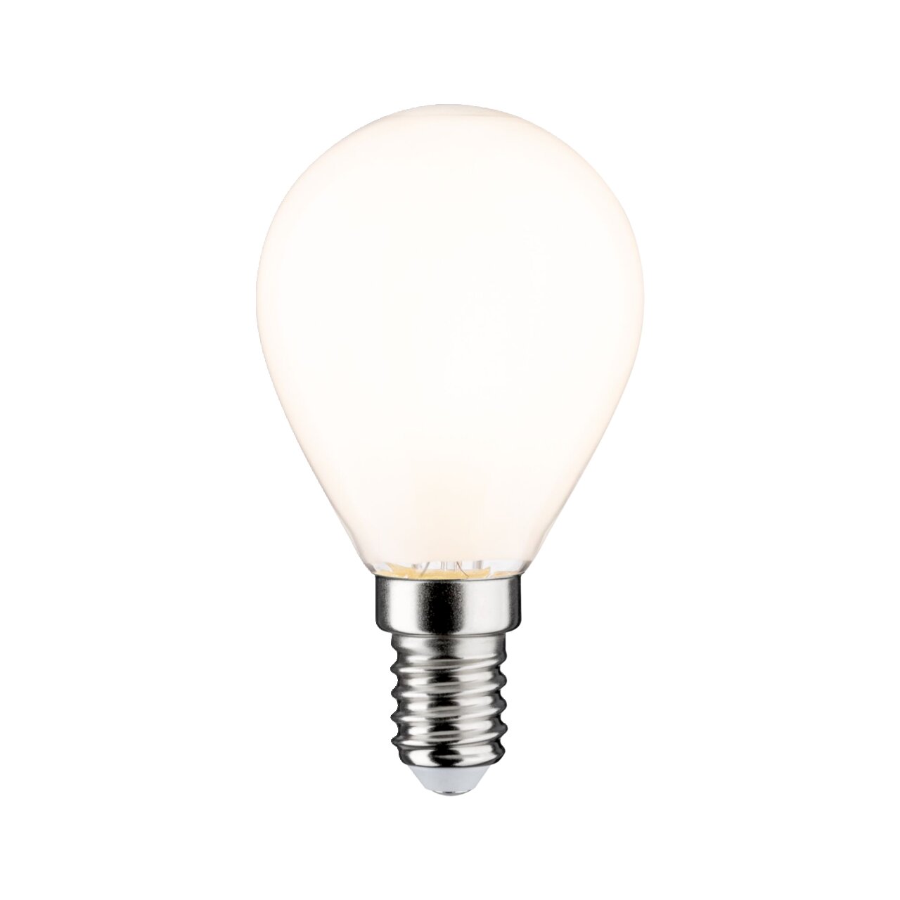 LED Leuchtmittel in Frontalansicht mit E14-Sockel, kugelförmiges Design