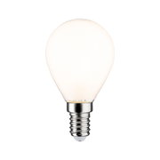 LED Leuchtmittel in Frontalansicht mit E14-Sockel, kugelförmiges Design