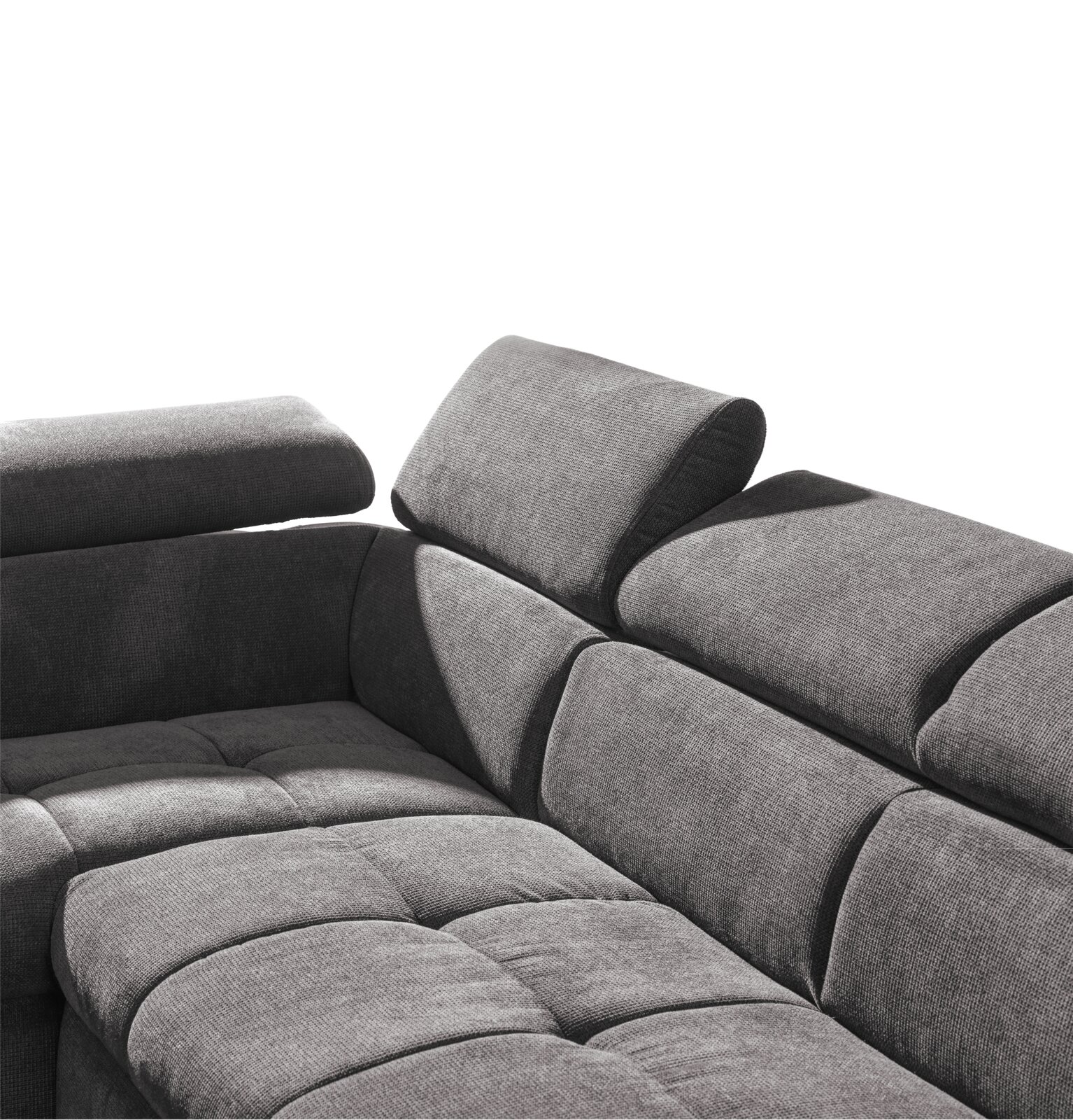 Graue Eckgarnitur mit verstellbaren Kopfstützen, seitliche Perspektive