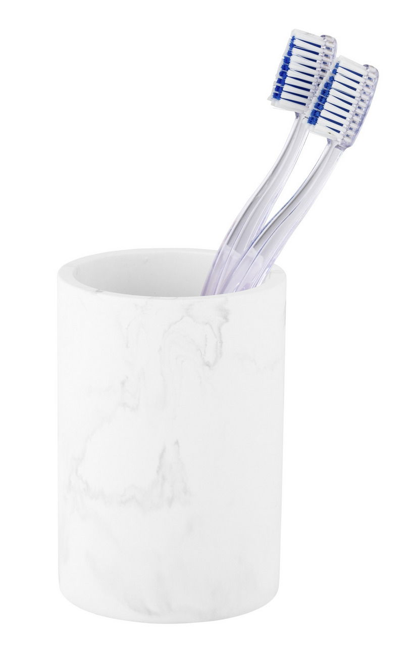 Schöner Wohnen Zahnputzbecher MARMOR BALATRO Zahnputzbecher aus Marmor mit zwei transparenten Zahnbürsten, seitliche Perspektive