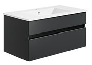 Moderne Badkombination mit weißem Waschbecken und schwarzem Unterschrank, seitliche Perspektive
