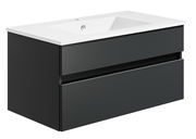 Moderne Badkombination mit weißem Waschbecken und schwarzem Unterschrank, seitliche Perspektive