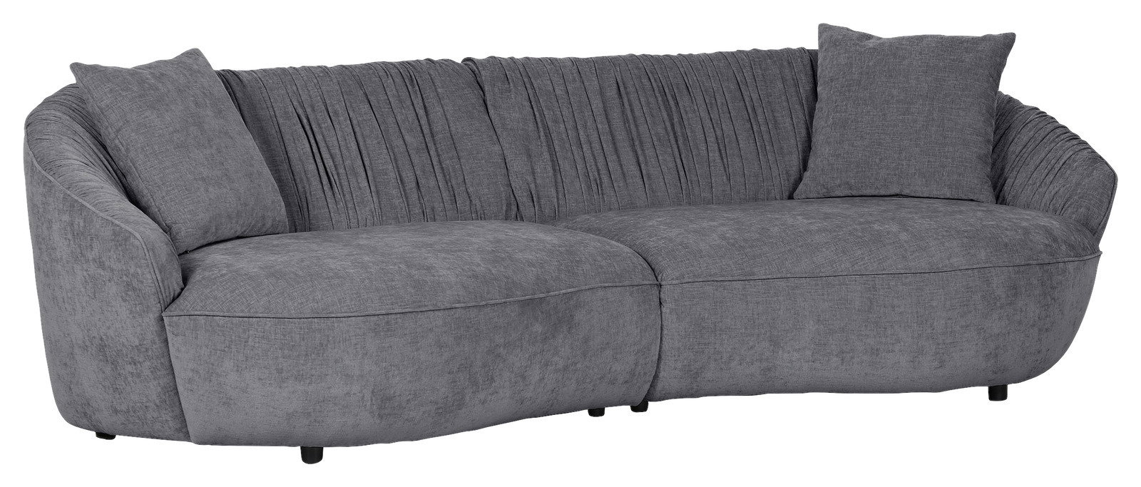 Graues, rundes Megasofa mit zwei Kissen, seitliche Perspektive