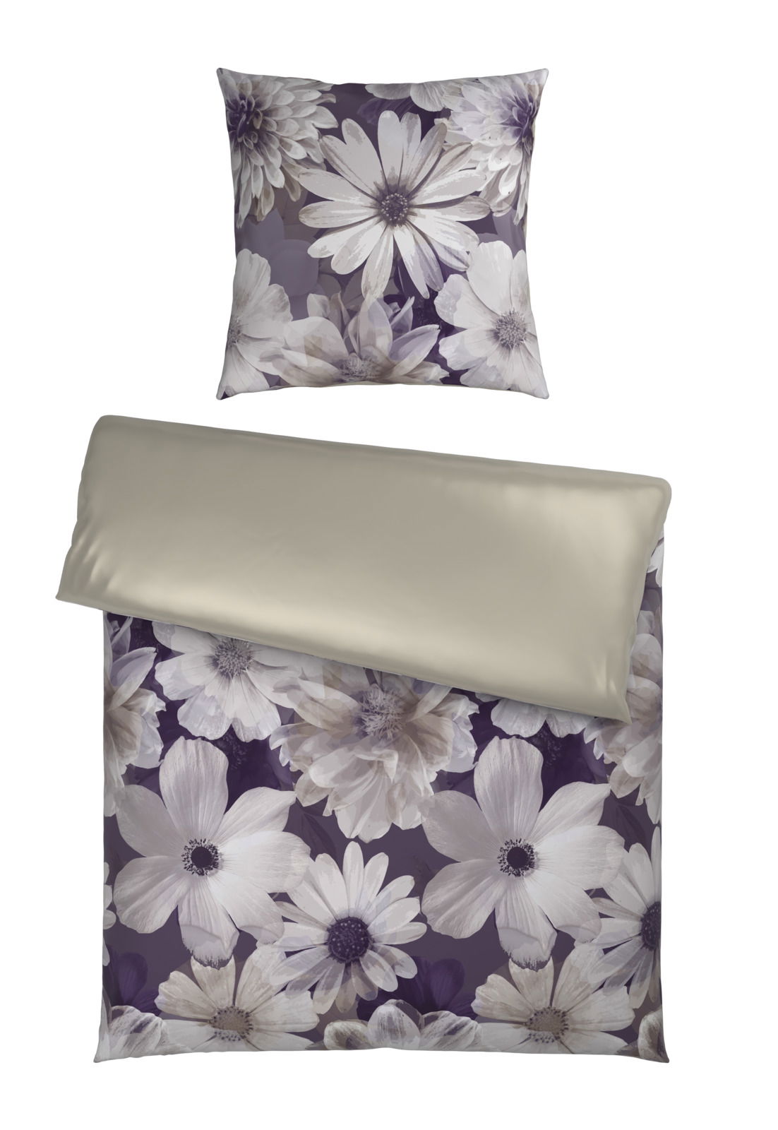 Wendebettwäsche mit floralem Muster in Lila- und Beigetönen, Draufsicht