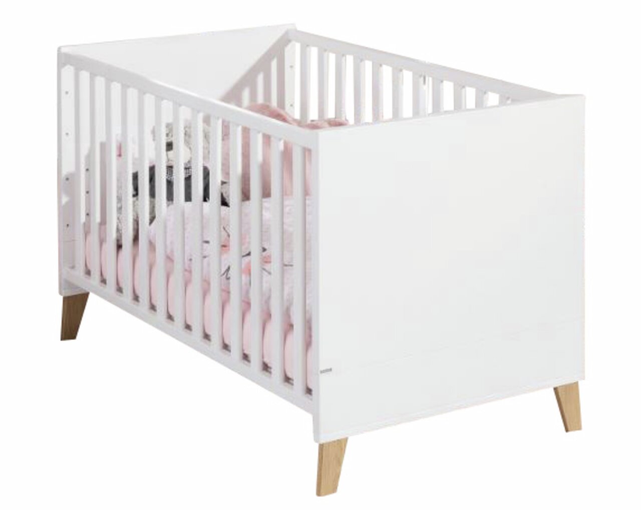 Weißes Kinderbett mit Holzbeinen, seitliche Perspektive
