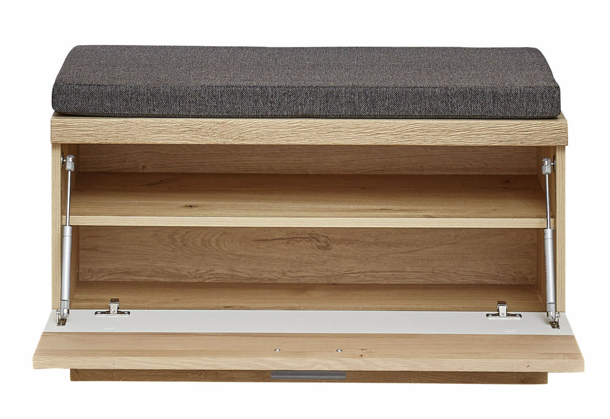Garderobenbank aus Holz mit grauem Polster, offene Frontansicht, zeigt Stauraum mit Klapptür.